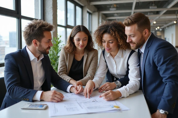 A team of diverse professionals in a modern office collaborating on a project, showcasing expertise and teamwork.