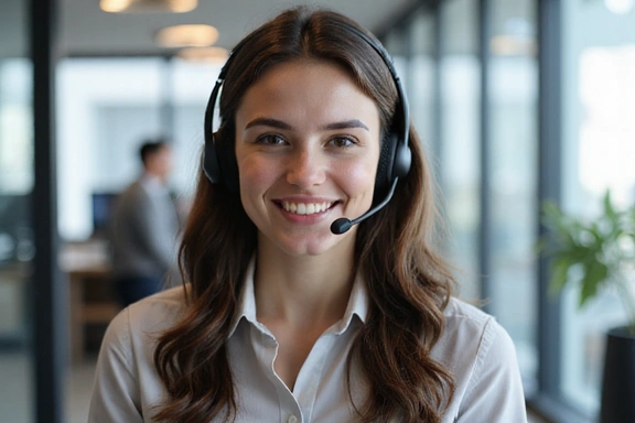 A friendly customer support agent wearing a headset, smiling and providing assistance in a modern call center environment.