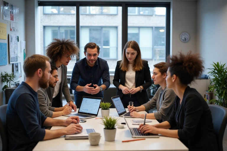 A diverse team of professionals collaborating in a modern office environment, symbolizing teamwork, innovation, and shared vision in the tech industry.
