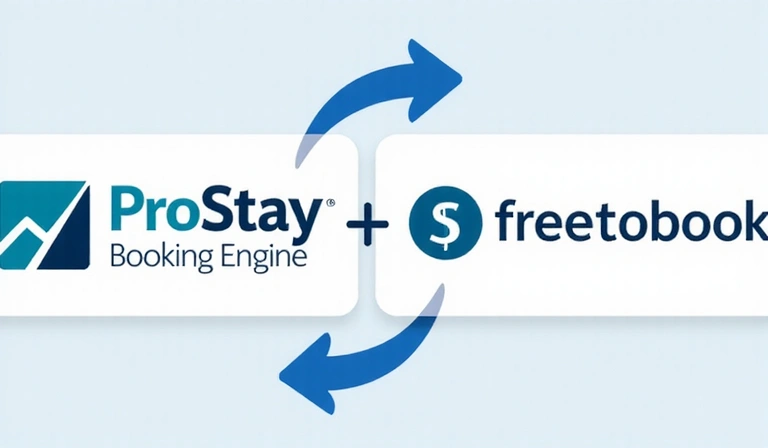 A visual representation of ProStay Booking Engine logo seamlessly integrating with the freetobook logo, connected by arrows showing data flow and synergy.