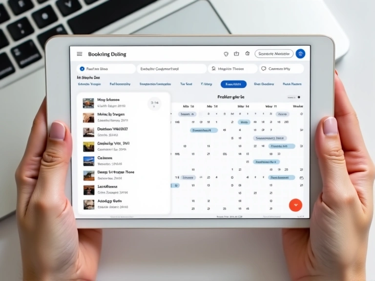 A clean, modern booking interface displayed on a tablet, showcasing available dates and room types with a simple call to action.
