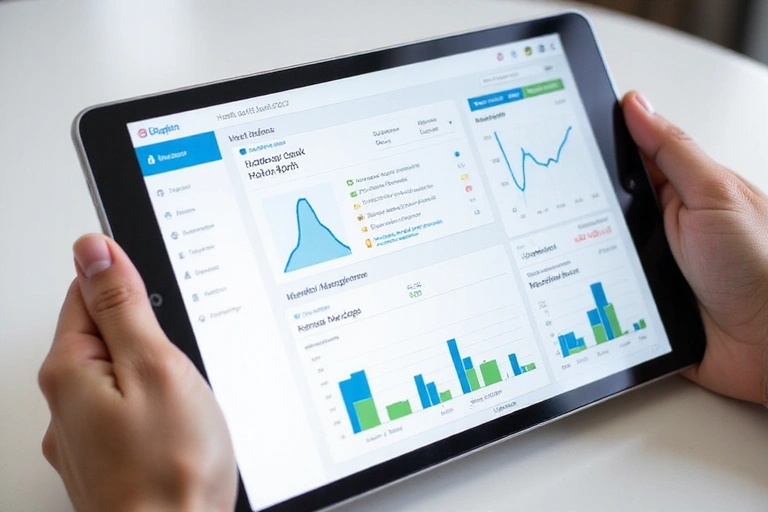 A clean, modern hotel management dashboard on a tablet