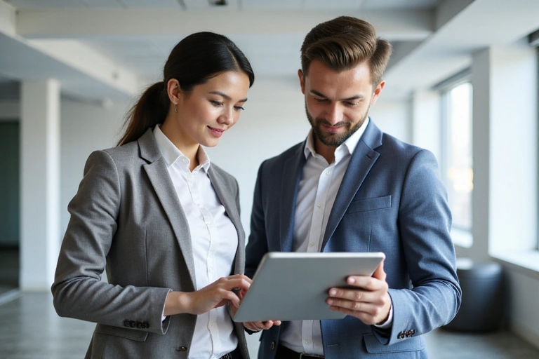 Two business professionals in a modern office collaborating on a tablet, symbolizing communication and customer support.
