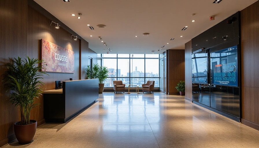 Modern hotel lobby with digital interfaces
